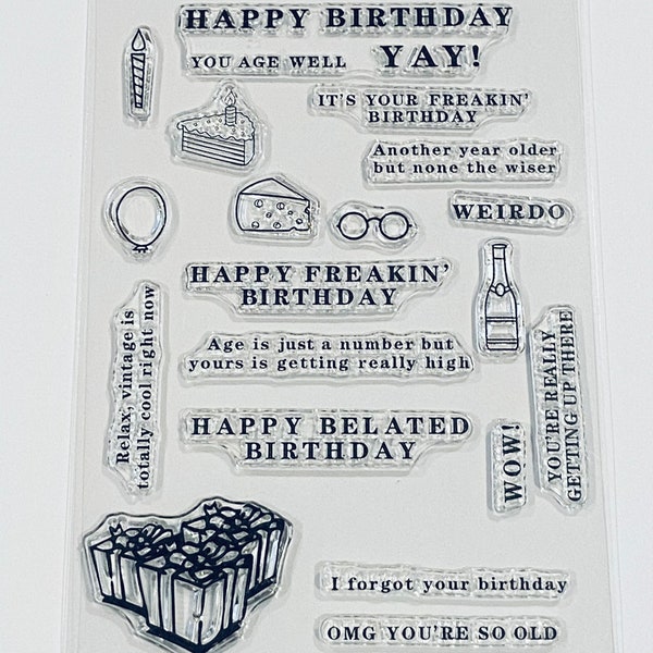19 Funny Birthday Sentiments Clear Stamps, card making messages, Belated Birthday stamp, getting old/aging, Transparent stamping pack