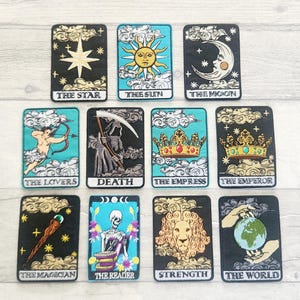 Tarot Karten Aufnäher, 11 Vintage Tarot Karten Aufnäher, gestickte Aufnäher, Stärke, Liebhaber, Kaiser, Kaiserin, Magier, Stern, Sonne, Mond, Tod
