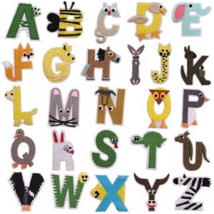 Parches de letras de animales, planchar sobre letras, coser en parche de ropa del alfabeto, apliques bordados multicolores para niños de 45 mm, fabricación de tarjetas