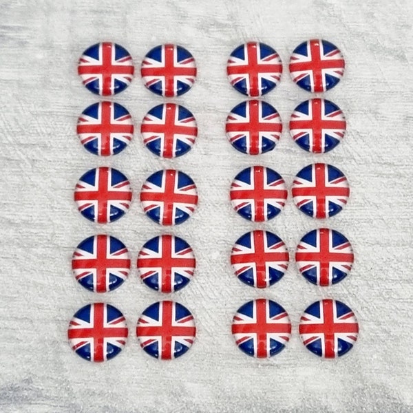 20 Union Jack cabochons, 12mm flatback glass cabochon, DIY jewellery making, earrings cufflinks, UK flag charm bracelet