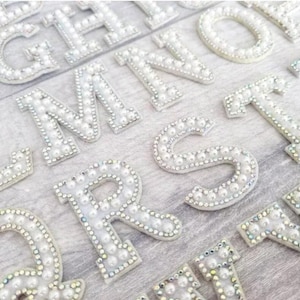 Pearl letter iron on patches, sparkle AB rhinestone alphabet letters, sew on patch, 5cm sparkly applique, DIY Bride outfit
