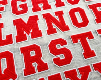 Patchs de lettres, fer alphabet blanc rouge sur patch universitaire, 5,5 cm cousus sur applique numéro brodée, veste letterman, motif numéro