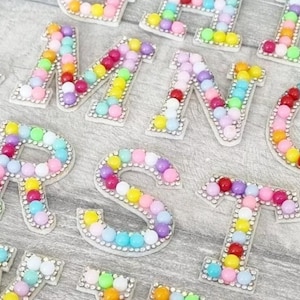 Rainbow pearl letter patches, iron on patch, sew on alphabet applique, sparkle rhinestones, DIY