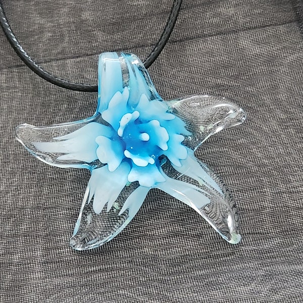 Starfish necklace, light blue and clear glass Star Fish pendant, black cord, Beach themed statement jewelry,  DIY mermaid Jewellery