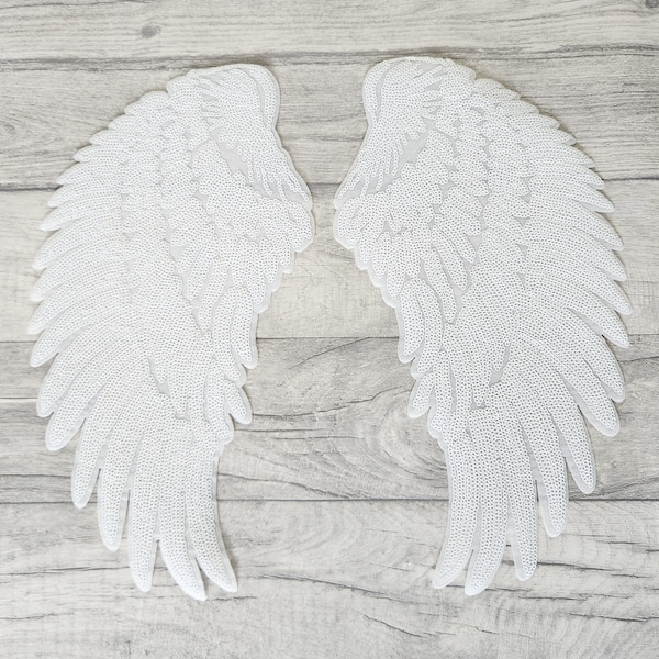 White sequin angel wings iron on patch set, very large wing sew on patches, Christmas Nativity Play costume, Hen Do jacket