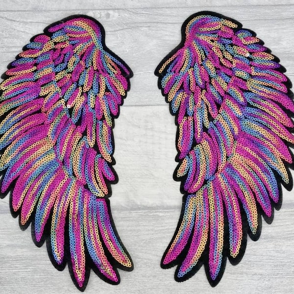 Large wings iron on patch set, multi coloured sequin angel wing sew on patches, embroidered appliques, Gay Pride costume, Hen Do Outfit