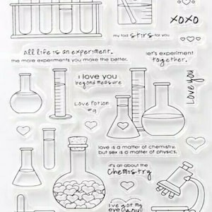 科学実験クリアスタンプ、ラブケミストリー、試験管スタンプ、DIYカード作り、科学用語、透明スタンプセット