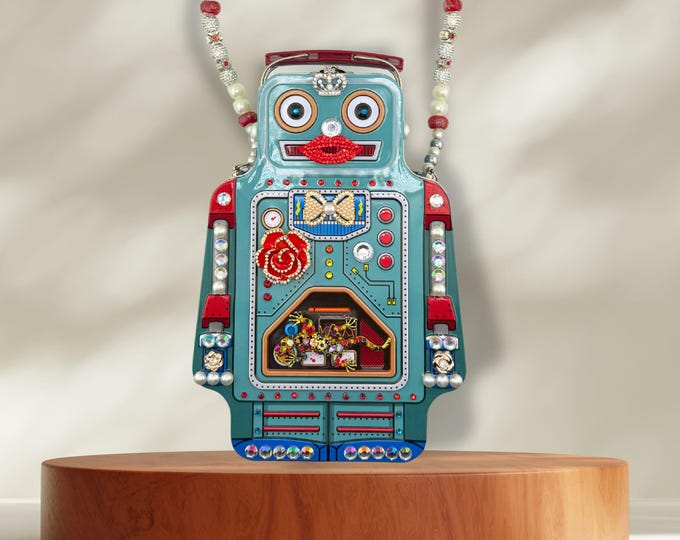 Whimsical Robot Purse – Handmade Beaded Steampunk Bag, Quirky Retro Handbag, Funky Statement Accessory Gift - Kitschy - Sparkly - CrossBody