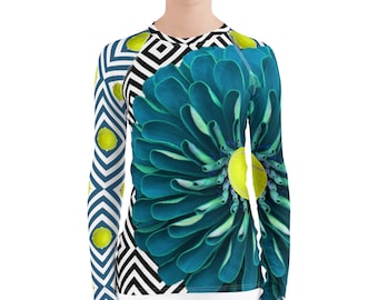 Neoturquoise Flower Rash Guard: Women's Tennis Shirt