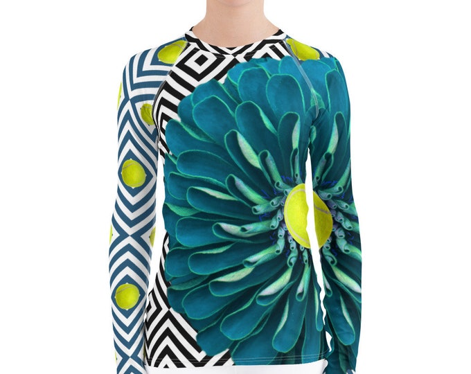 Women's Rash Guard- Neoturquoise flower with tennis ball- tennis shirt - sports shirt