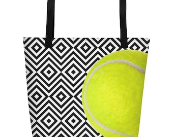 Tennis Ball Tote Bag: Geometric Print, Large Reusable Shopping Bag
