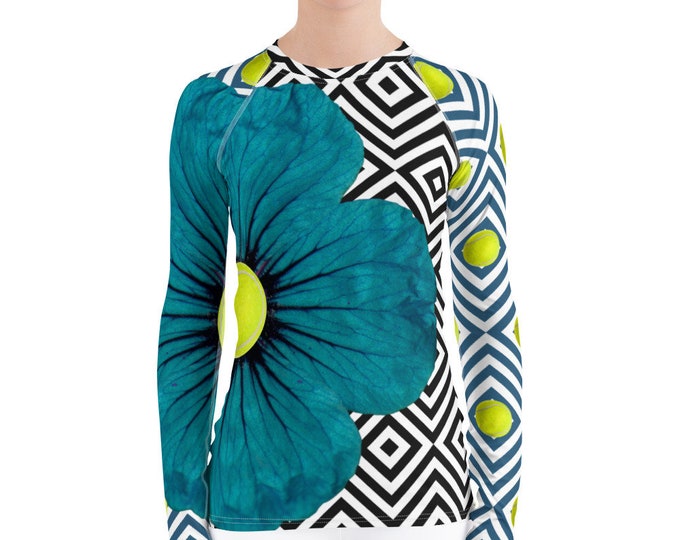 Women's Rash Guard- Neoturquoise Flower with Black Accents - and Tennis Balls!