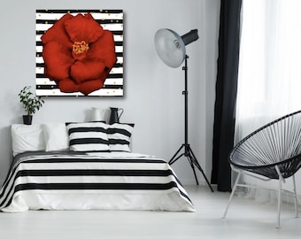 Red Camellia Canvas Print: Black & White Stripes, Modern Floral Wall Art