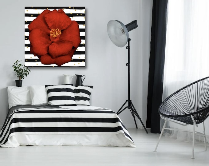Bold Red Camellia Canvas Wall Art – Black & White Stripes – Modern Floral Decor – Glam Wall Art – Chic Gift for Her