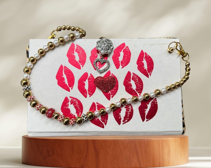 Book Clutch – Handmade Kiss Print Purse, Pearl Beaded Handle, Leopard Lining, Romantic Red Lipstick Bag, Gift - I Kissed Shara Wheeler