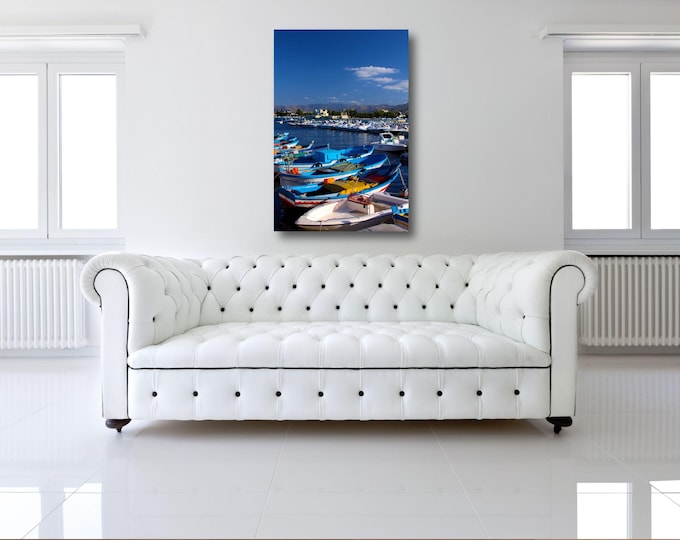 Palermo Italy Boat Dock Canvas Print – Colorful Mediterranean Fishing Boats, Coastal Wall Art, Sicilian Harbor Photography- Nautical Art