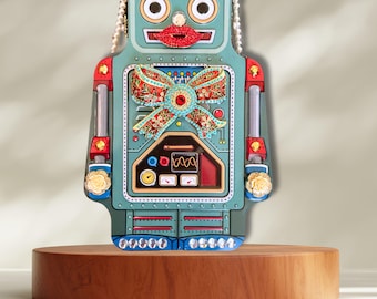 Robot Purse: Upcycled Metal Lunchbox Handbag with Pearl Strap & Vintage Brooches