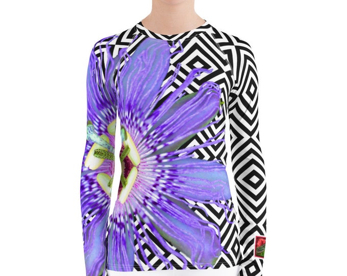 Passion Flower Sun Shirt - Rash Guard - Tennis Shirt - Purple with Black and White