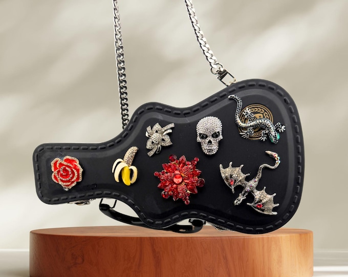 Guitar Purse with Skulls, Dragon & Jewels – Rockstar Crossbody Bag, Edgy Punk Rock Statement Handbag, Unique Gift for Music Lovers