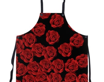 Red Rose Apron: Black Poly Twill with Button Detail