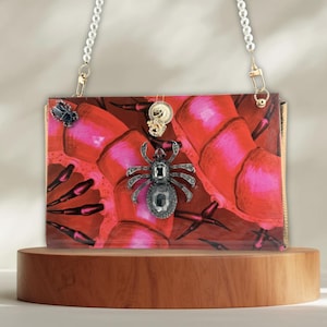 Burn Down, Rise Up Book Purse – Upcycled Hardcover Halloween Handbag, Jeweled Spider Brooch, Faux Pearl Strap, Unique Gothic Book Lover Gift