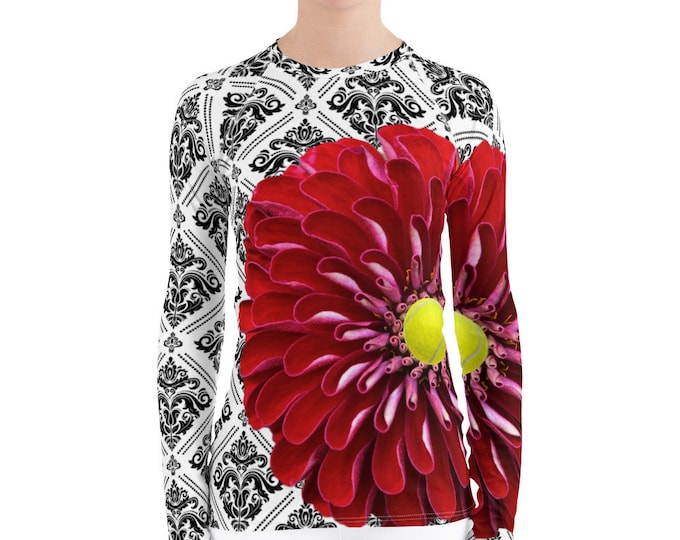Women's Rash Guard- Red Flower Tennis Top