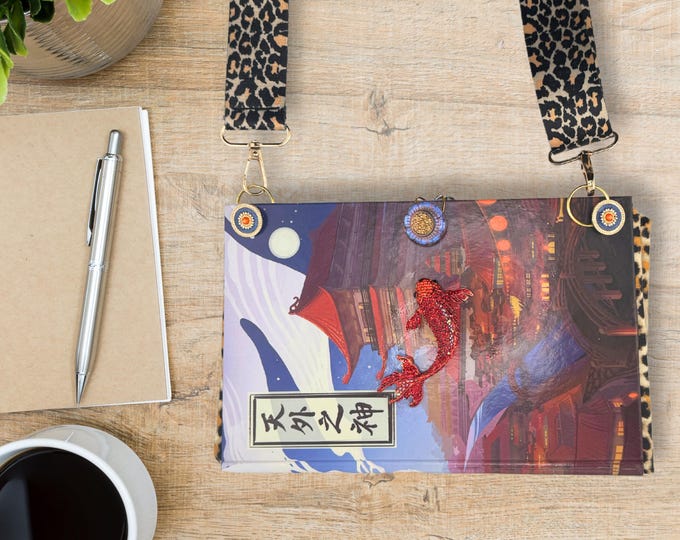 Koi Fish Book Purse – Handmade Asian Art Clutch, Sparkly Brooch Bag, Leopard Strap, Unique Gift for Her, One of a Kind Book Bag, Unique