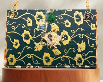 Book Purse: Black & Gold Floral Handbag with Rhinestone Fish Clasp