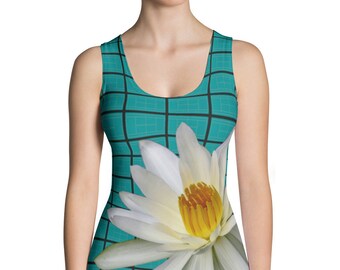 Teal Tennis Tank Top: Floral Water Lily, Cut & Sew Design