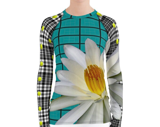 Women's Rash Guard - Teal - Teal Tennis Court - Teal Tennis Shirt - Water Lily - Tennis Gift - Tennis Shirt - Tennis Sun Shirt - UPF Shirt