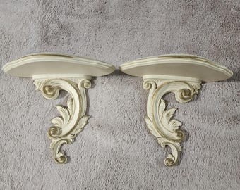 Vintage Pair Syroco Wall Sconces: Ornate Victorian Style Shelves - Syracuse Ornamental Co. - Cream/Gold