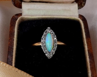 Edwardian 18K Gold Opal Diamond Marquise Ring - Size 4.5