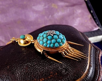 Antique Victorian 18K Gold Pave Set Turquoise and Diamond Pendant Necklace