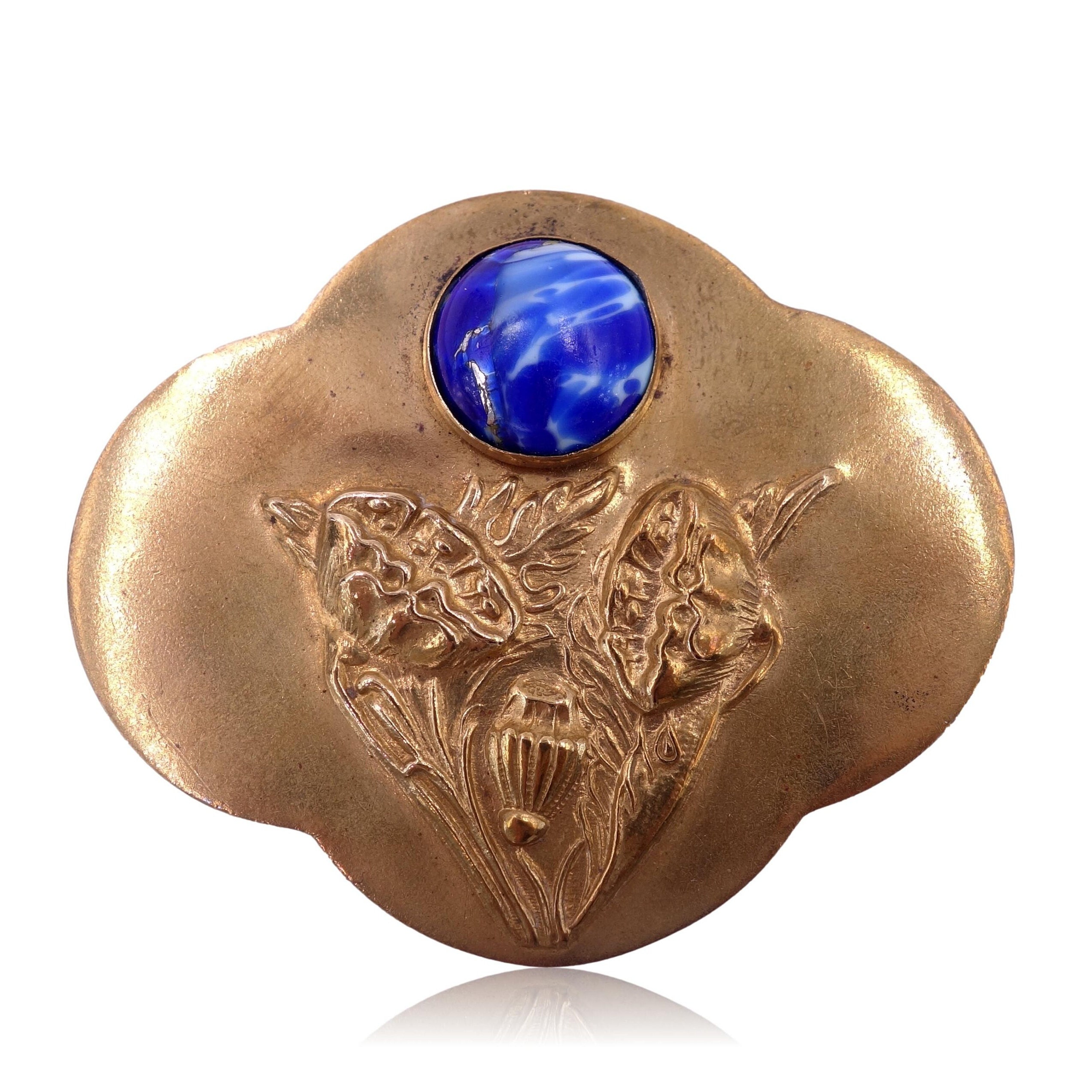 Antike Jugendstil um 1900 Gilt Mohn Brosche mit blauem Marmor