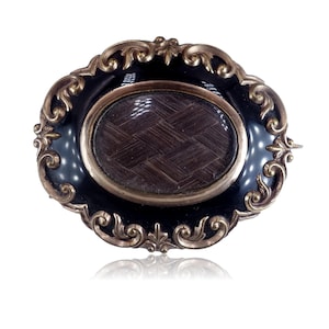 Antique Victorian c. 1860 Black Enamel and Gold Hair Set Mourning Brooch