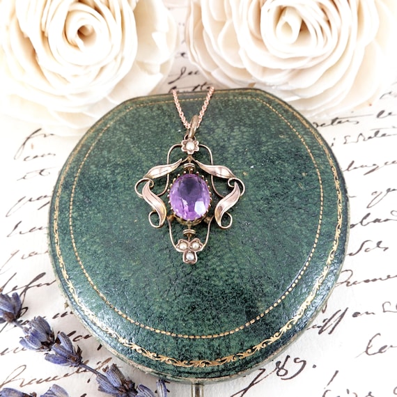 Antique Edwardian Art Nouveau 9K Rose Gold Amethyst Pendant Necklace circa 1910