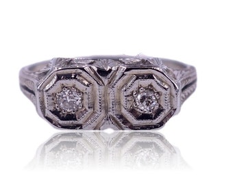 Vintage Art Deco ca. 1925 Zwei Stein Diamant 18K WeißGold Verlobungsring Größe 5 1/2