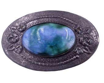 Antique Edwardian Pewter Brooch: Ruskin Style Blue Green Ceramic, c. 1910