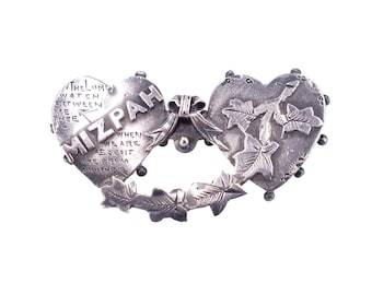 Antike Victorian C. 1899 Sterling Silber Mizpah Doppel Herz Brosche