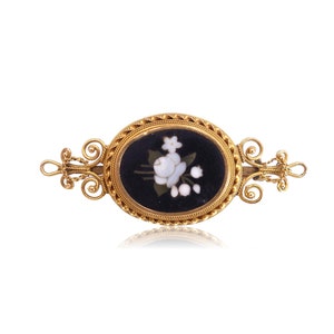 Antique Victorian C. 1870 18K Gold Pietra Dura Florentine Mosaic Floral Brooch