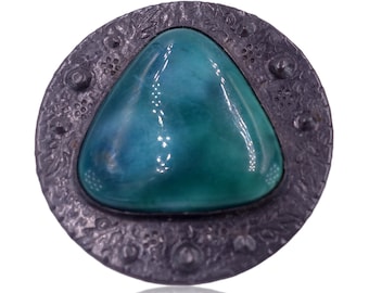Antique Edwardian Arts and Crafts c. 1910 Ruskin Style Blue Green Ceramic Pewter Brooch