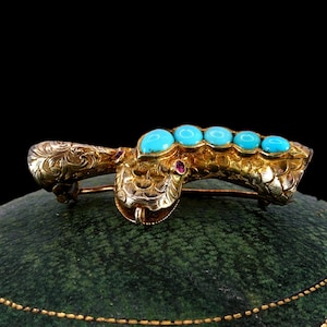 Antique Victorian 14K Gold Snake Brooch with Ruby and Turquoise circa 1860