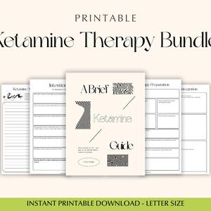 Può includere: Un pacchetto stampabile di terapia con ketamina con sfondo color crema. Il pacchetto include una guida e fogli di lavoro per la preparazione e l'integrazione. Il testo include "Ketamine Therapy Bundle", "A Brief Ketamine Guide" e "Instant Printable Download - Letter Size."
