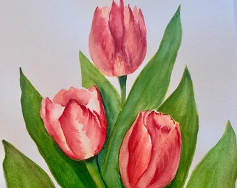 Original Red Tulip Watercolor, Red Tulip Wall Art, Floral Wall Decor, Floral Watercolor Art