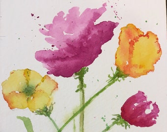 Original Floral Watercolor Painting, Pink and Yellow Floral Art, Spring Floral Art