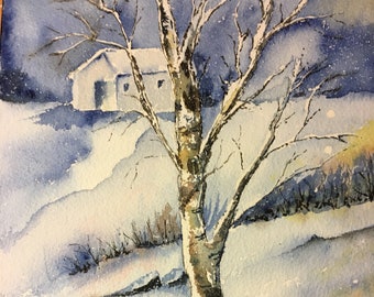 Snowy Landscape Painting, Winter Watercolor Landscape, Snow Scene Painting