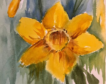 Cheerful Daffodil Watercolor Painting - Vibrant Yellow Botanical Art -  Lovely Watercolor Daffodil Floral Artwork - Botanical Wall Decor