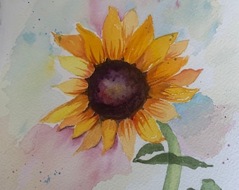 Original Sunflower Watercolor Wall Art, Yellow Floral Art, Sunflower Watercolor