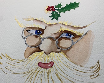 Vintage Santa Portrait, Watercolor Santa Painting, Christmas Wall Art Decor