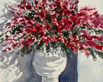 Watercolor Vase of Red Flowers Wall Art, Watercolor Floral Art, Red Floral Art